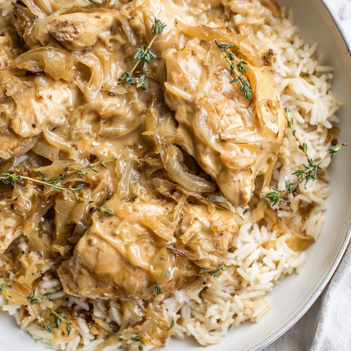 Comforting bowl of French onion chicken rice with seared chicken, creamy sauce, and shredded Gruyère cheese topping