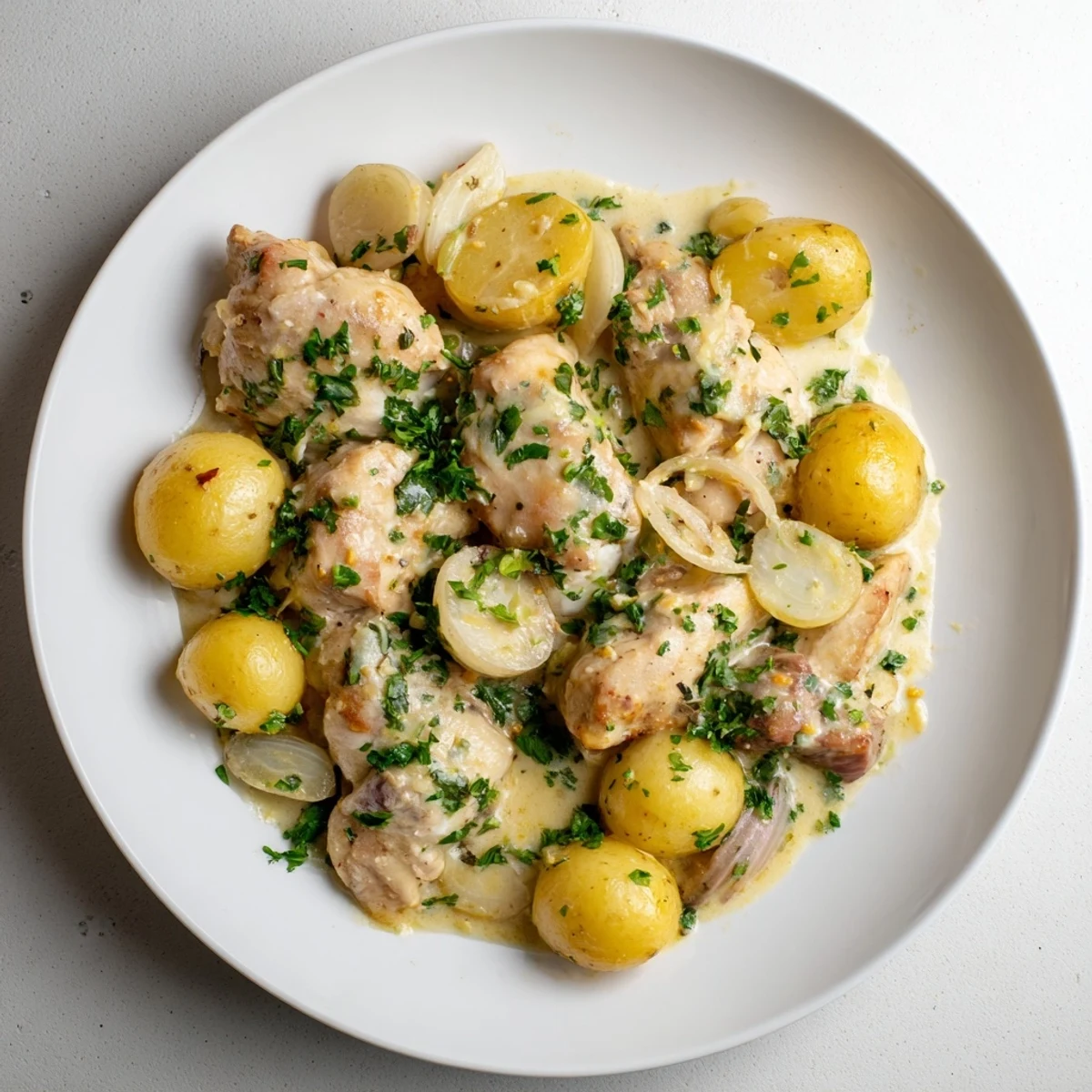 Golden parmesan crusted chicken nestled beside baby potatoes in a rich slow cooker meal