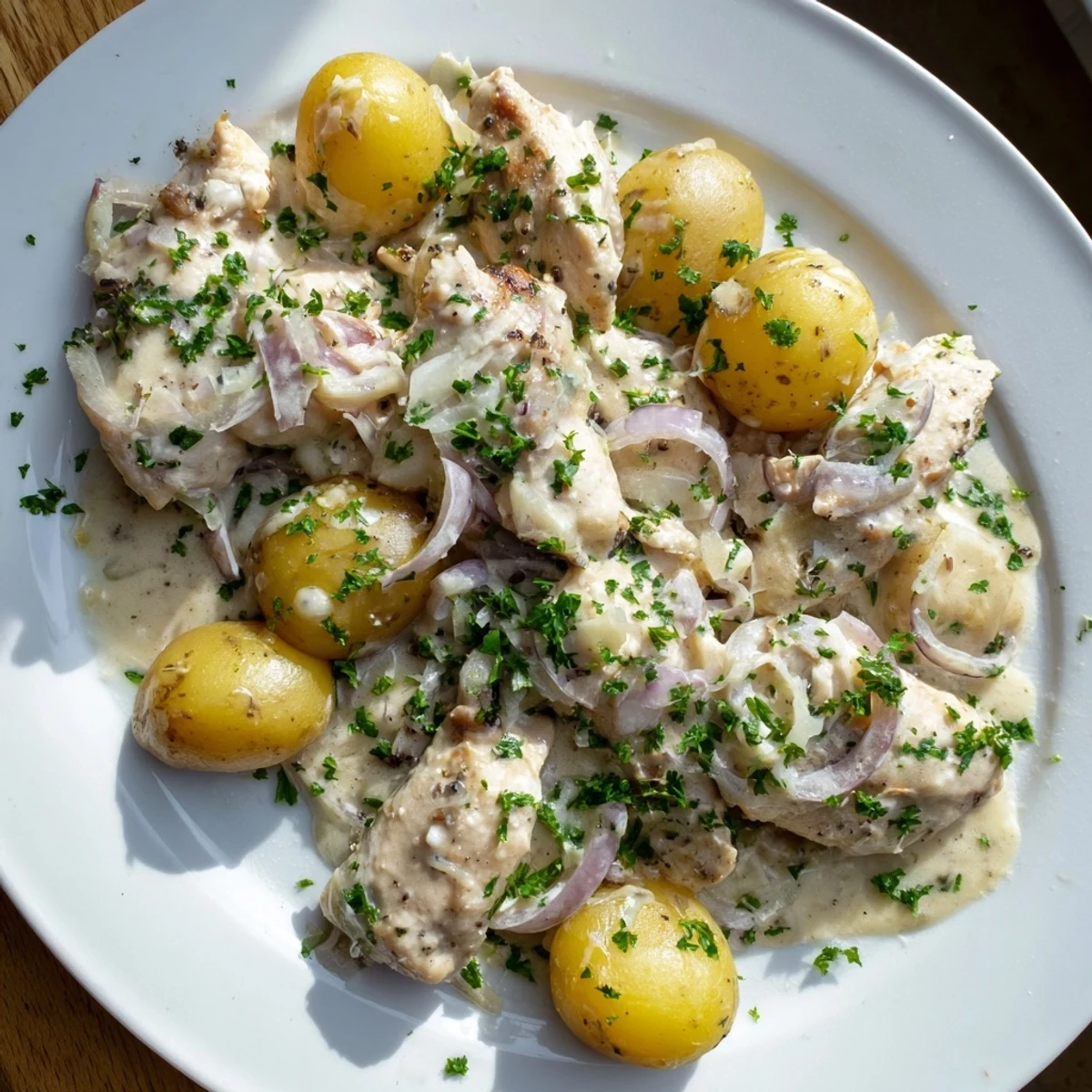 Comforting one-pot chicken and potatoes dish topped with melted parmesan and fresh parsley
