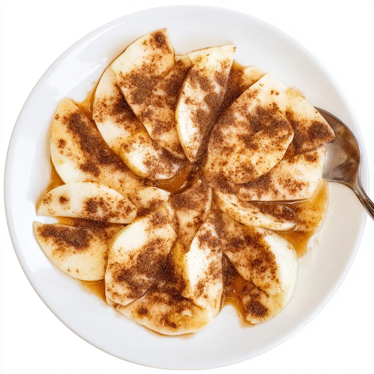 Golden tender apple slices coated in warm cinnamon sugar syrup served in a white bowl