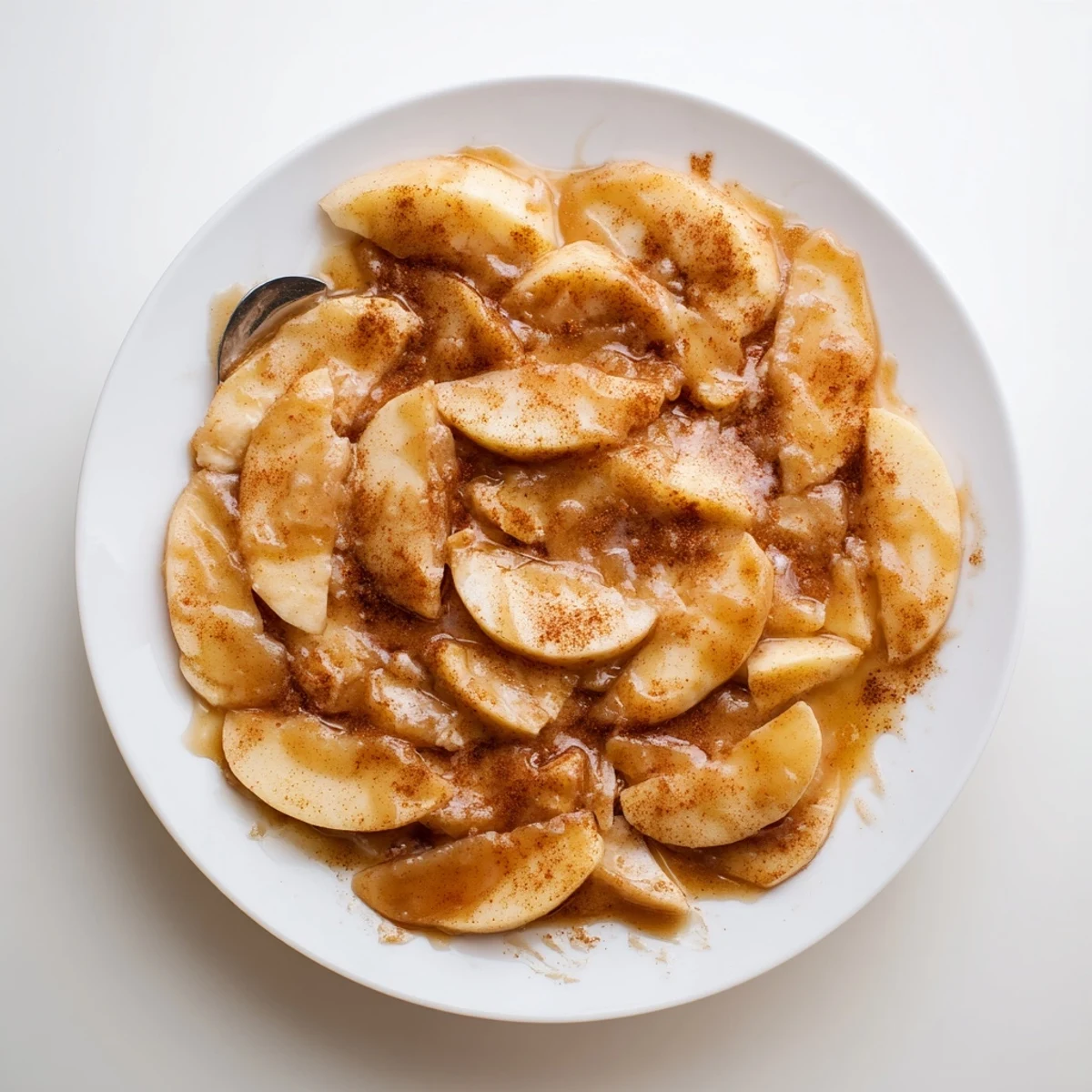 Soft spiced apple wedges swimming in sweet caramel sauce garnished with ground cinnamon