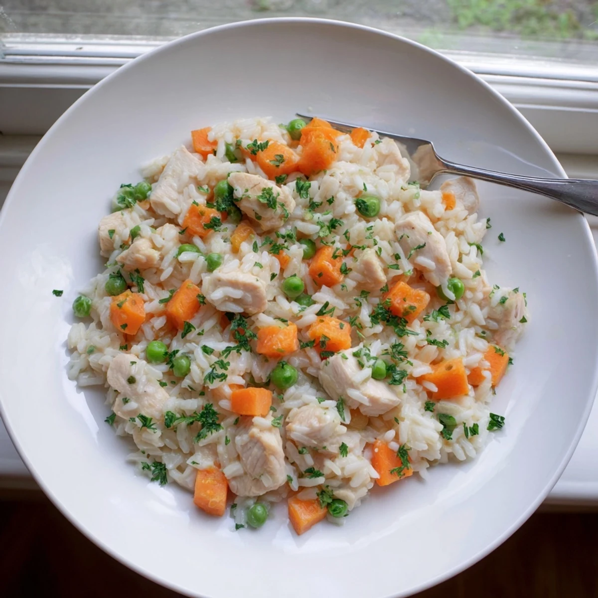 Heaping bowl of savory chicken and rice sprinkled with fresh parsley, a perfect gluten-free Instant Pot chicken and rice recipe