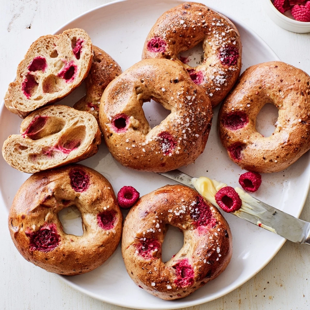 Freshly baked raspberry sourdough bagels with juicy red berries scattered throughout golden brown crust
