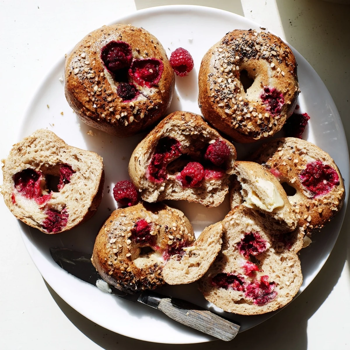 Golden raspberry sourdough bagels cooling on wire rack after being boiled and baked to perfection