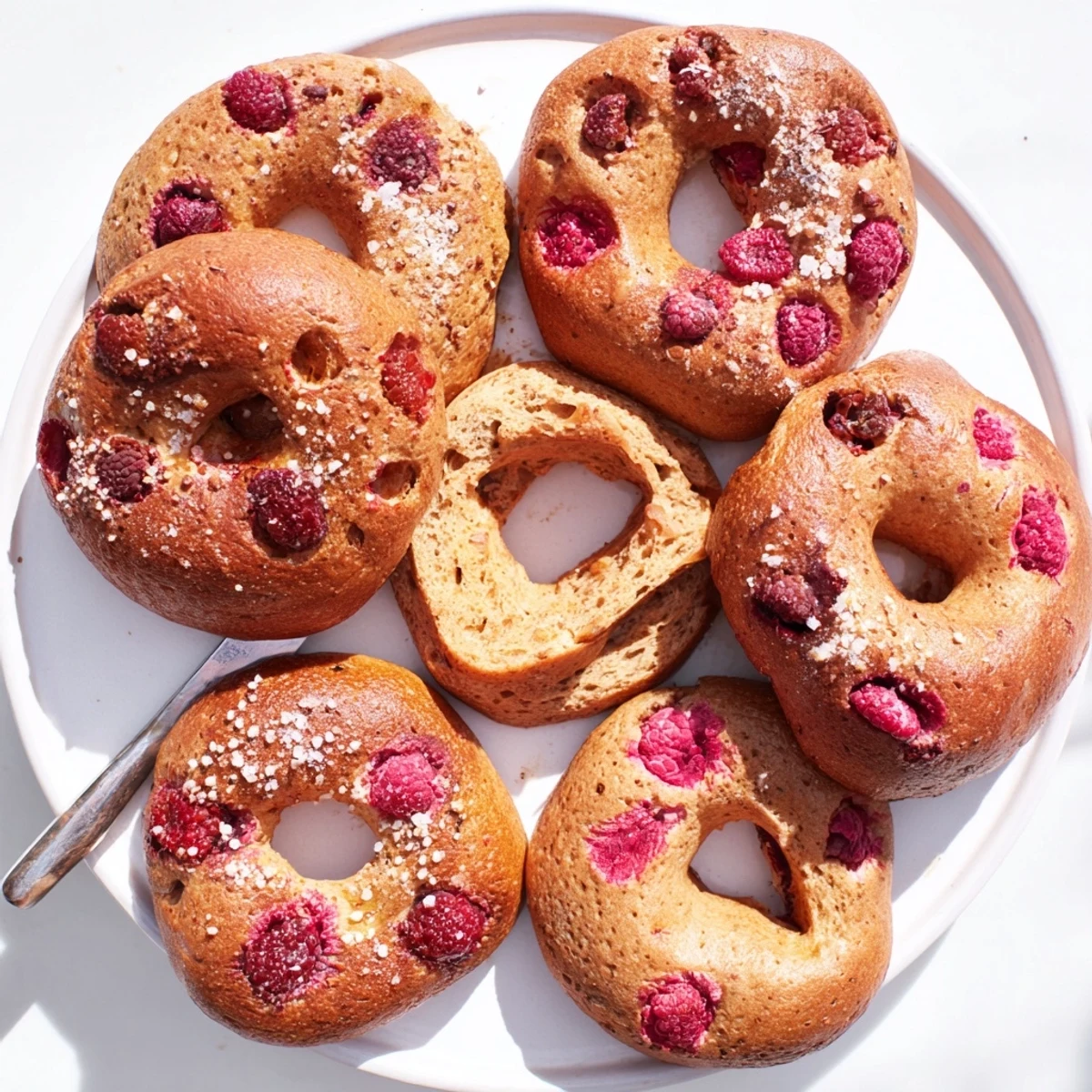 Homemade raspberry sourdough bagels topped with demerara sugar featuring tart berries in chewy fermented dough