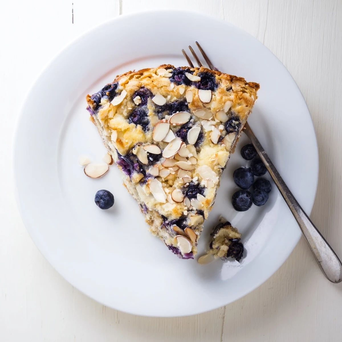 Sliced blueberry cottage cheese breakfast bake served warm with optional nut crumble topping