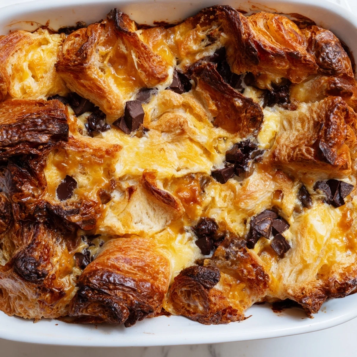 Golden chocolate croissant breakfast bake with melted chocolate chunks and custard-soaked pastry