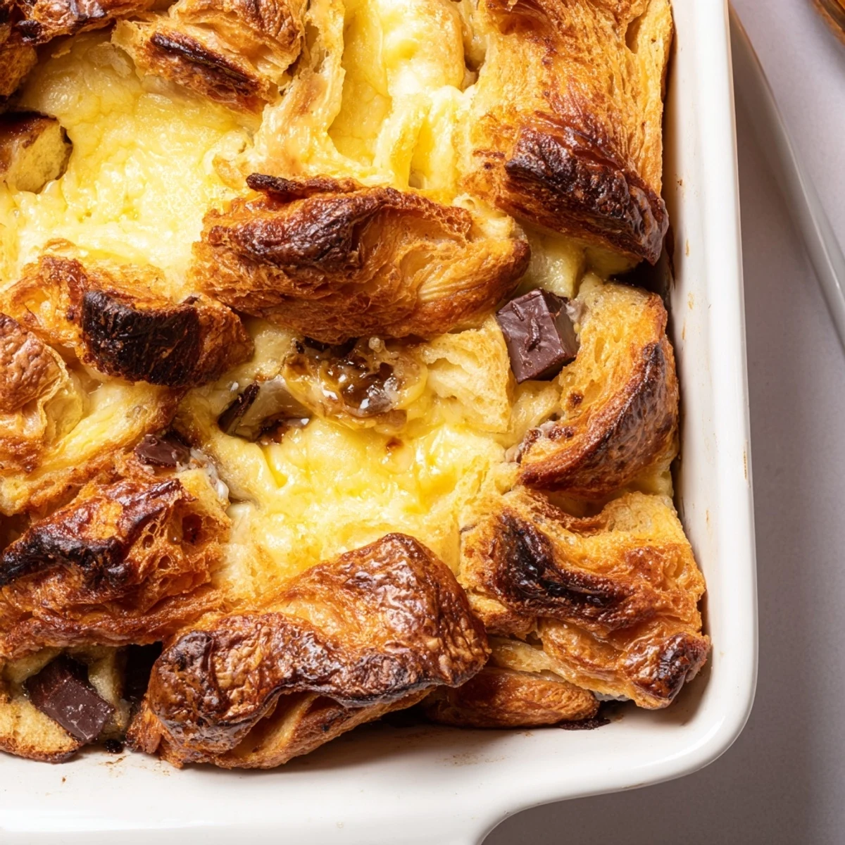 Warm chocolate croissant breakfast bake casserole with golden croissant pieces and rich custard