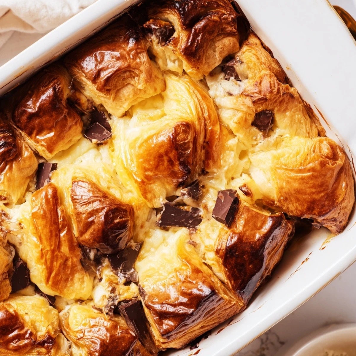 Bubbling chocolate croissant breakfast bake dusted with powdered sugar and fresh berries