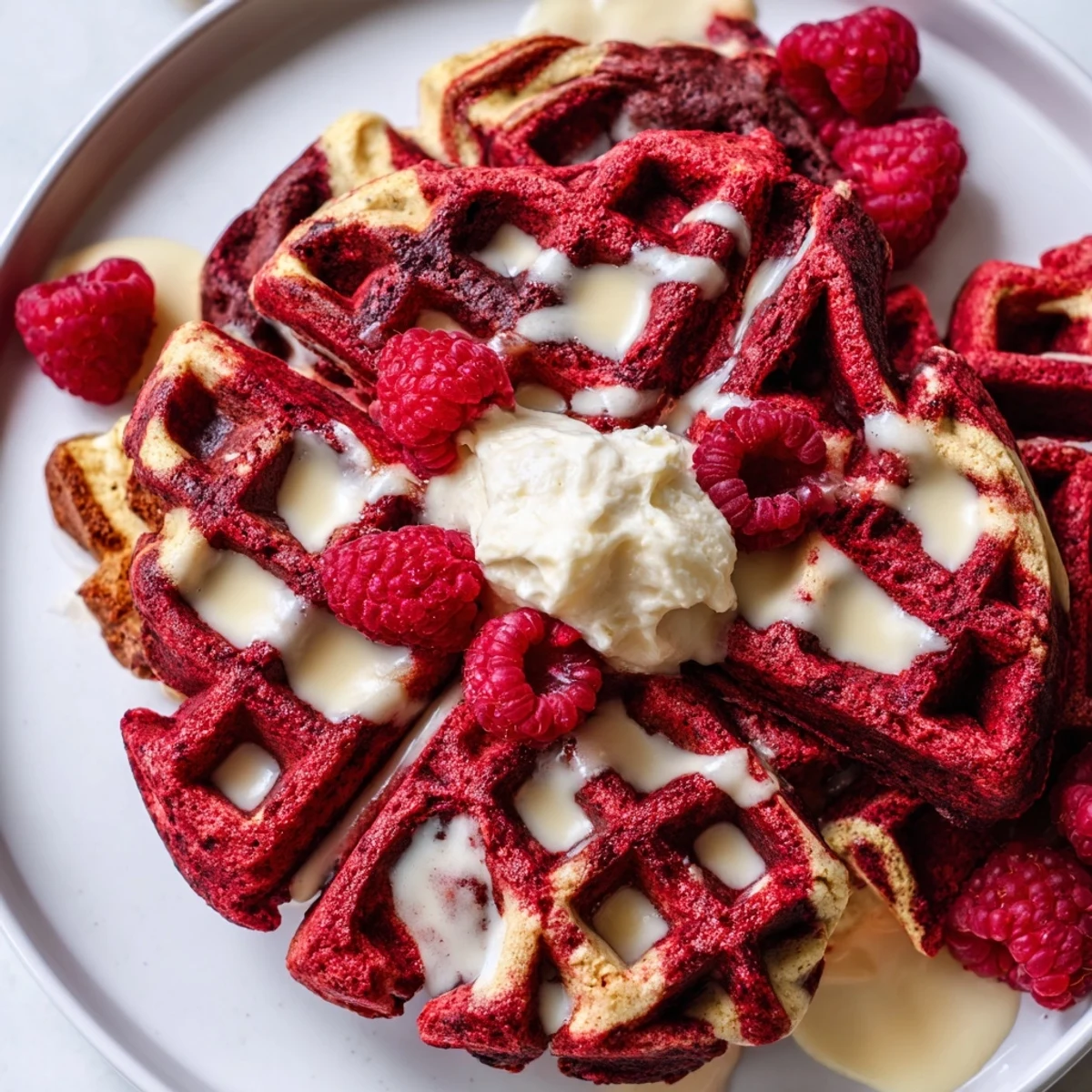 Golden red velvet marble waffles with swirling vanilla patterns on a white plate