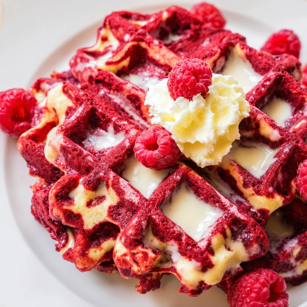 Crispy red velvet marble waffles topped with fresh berries and cream cheese glaze