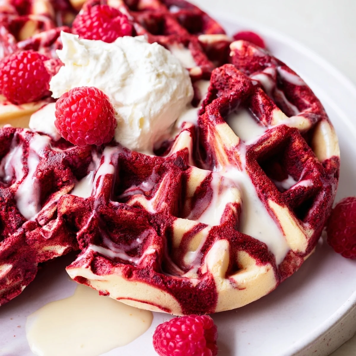 Stack of marbled red velvet waffles drizzled with sweet maple syrup for brunch