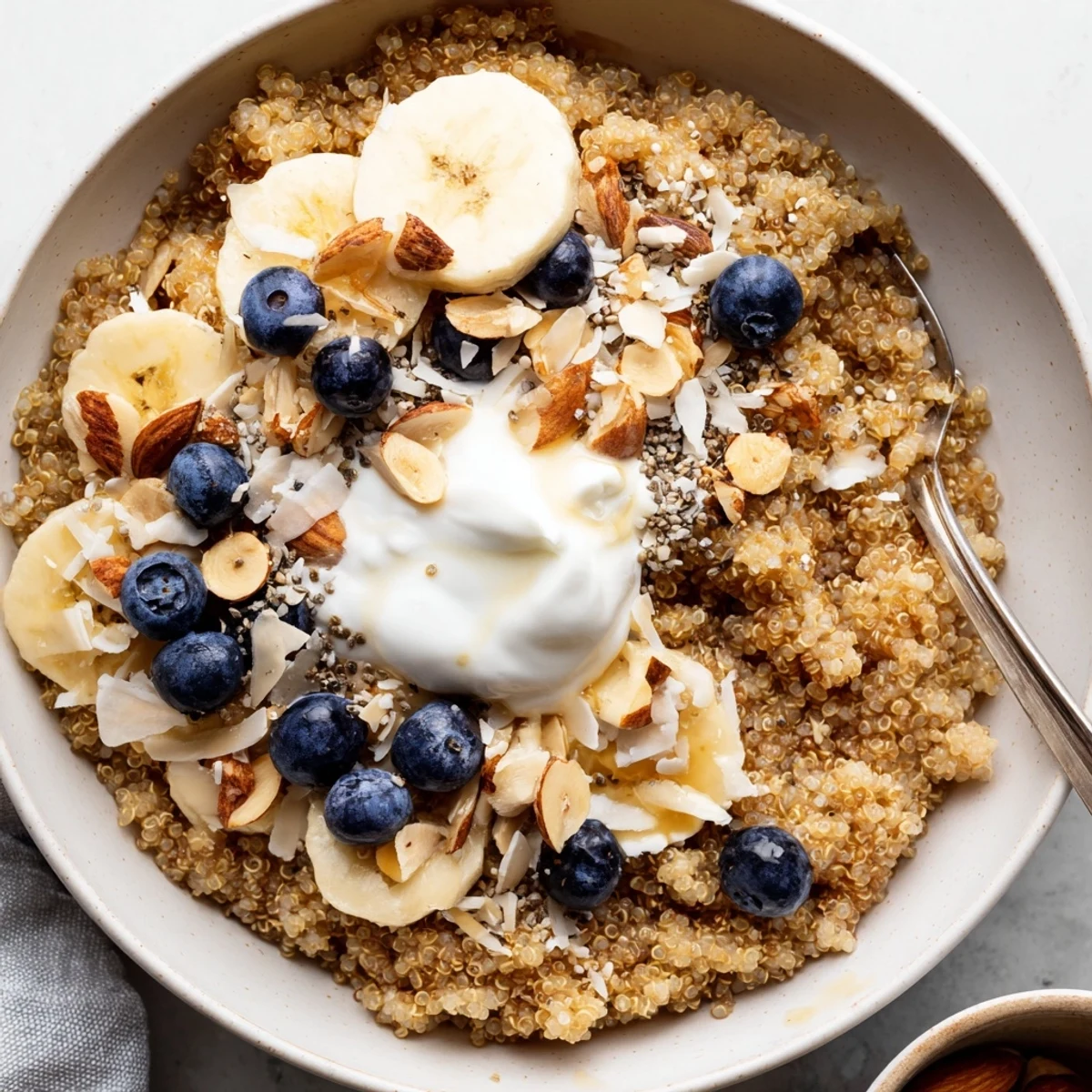Creamy blueberry quinoa breakfast bowl topped with fresh berries banana slices crunchy nuts and chia seeds