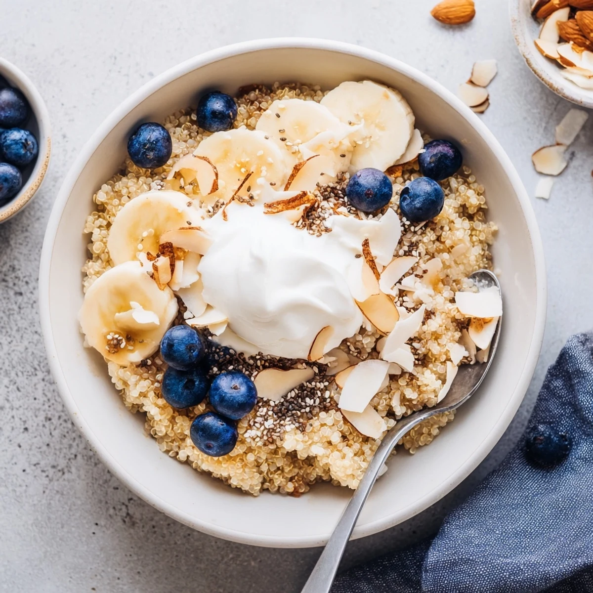 Protein-packed blueberry quinoa breakfast bowl featuring Greek yogurt sweet blueberries almonds coconut and maple drizzle