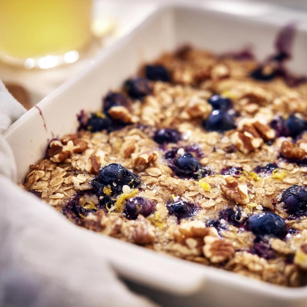 Golden lemon blueberry baked oatmeal with juicy berries peeking through tender oats