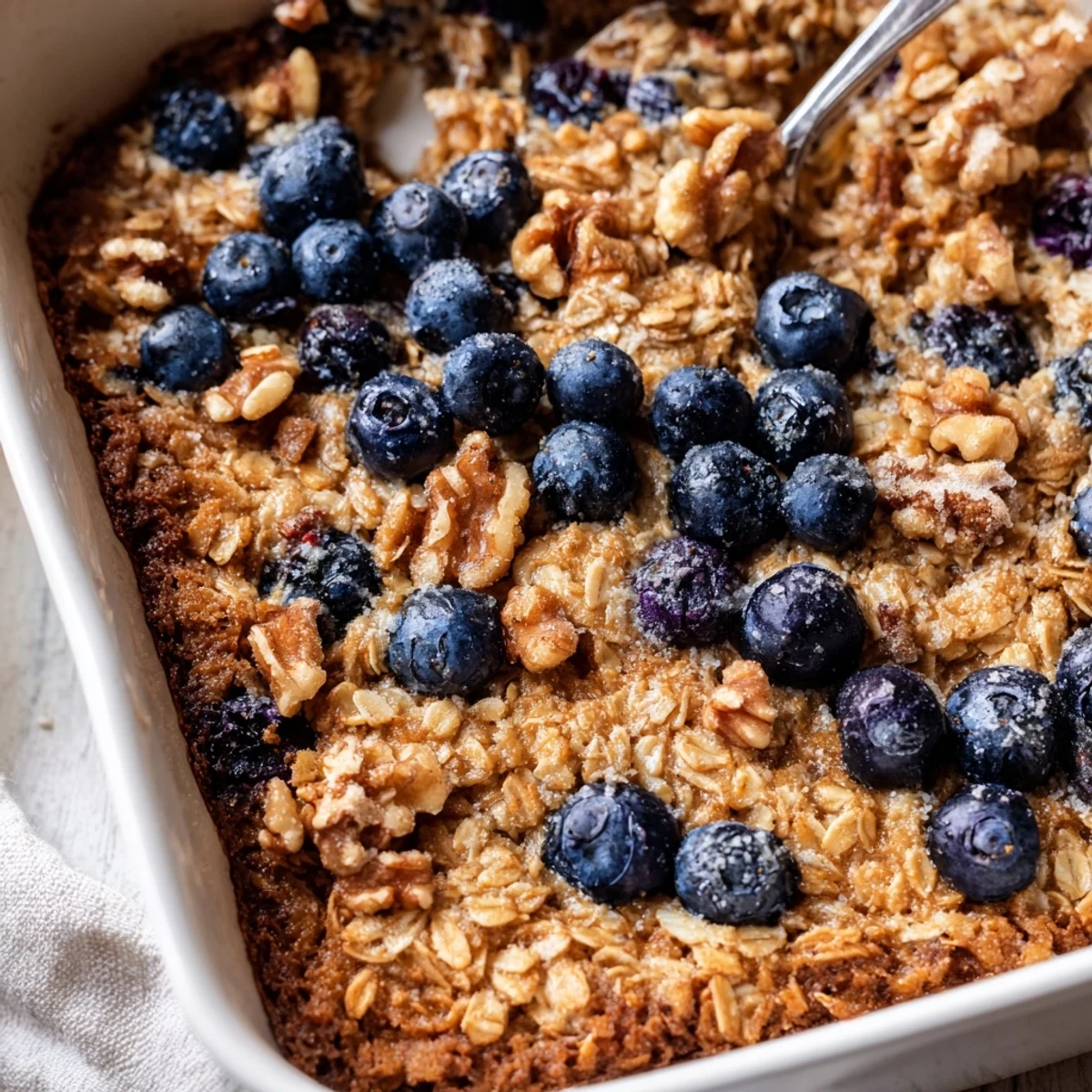 Warm breakfast bowl of lemon blueberry baked oatmeal topped with plump berries
