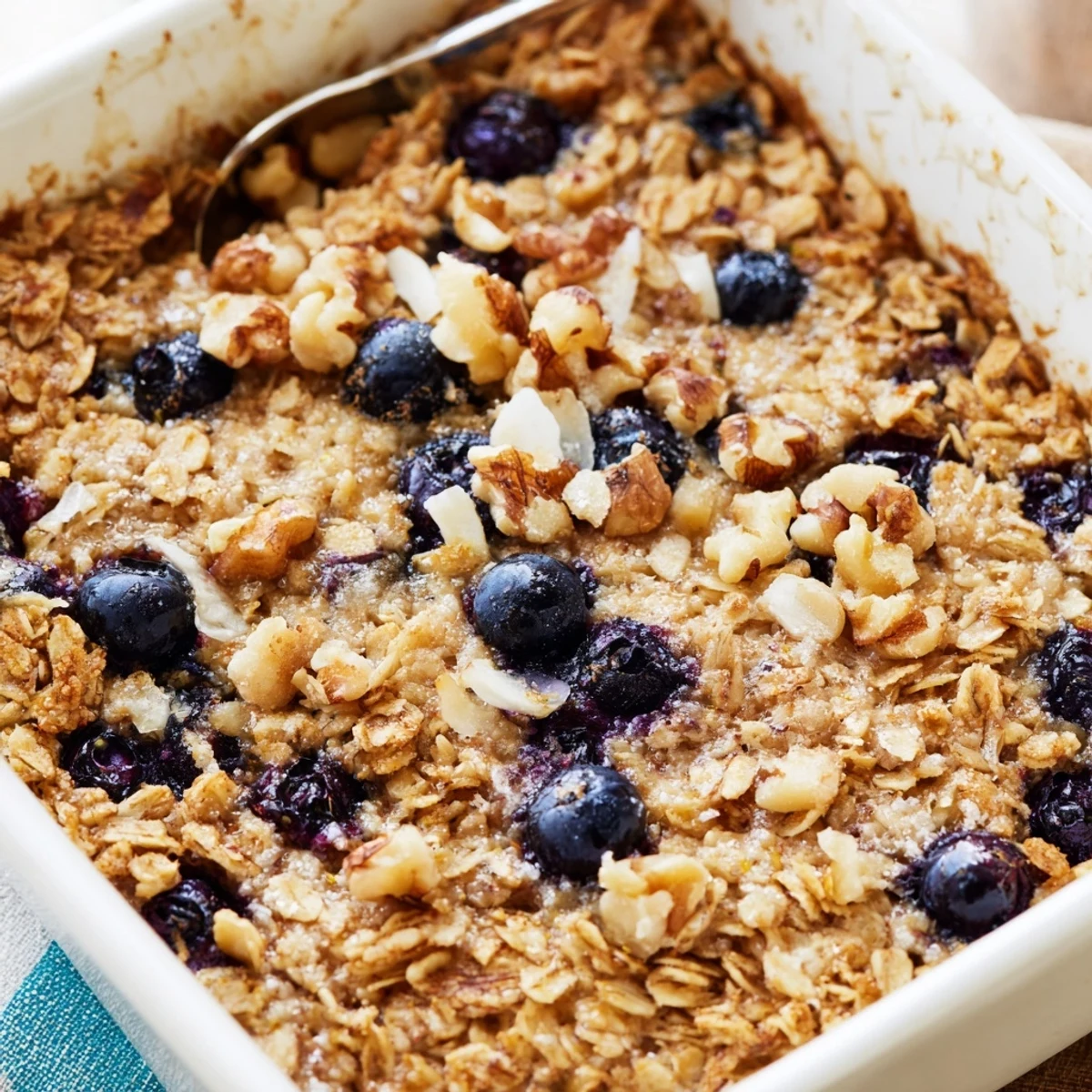 Fresh baked lemon blueberry oatmeal dish sprinkled with coconut sugar and walnuts