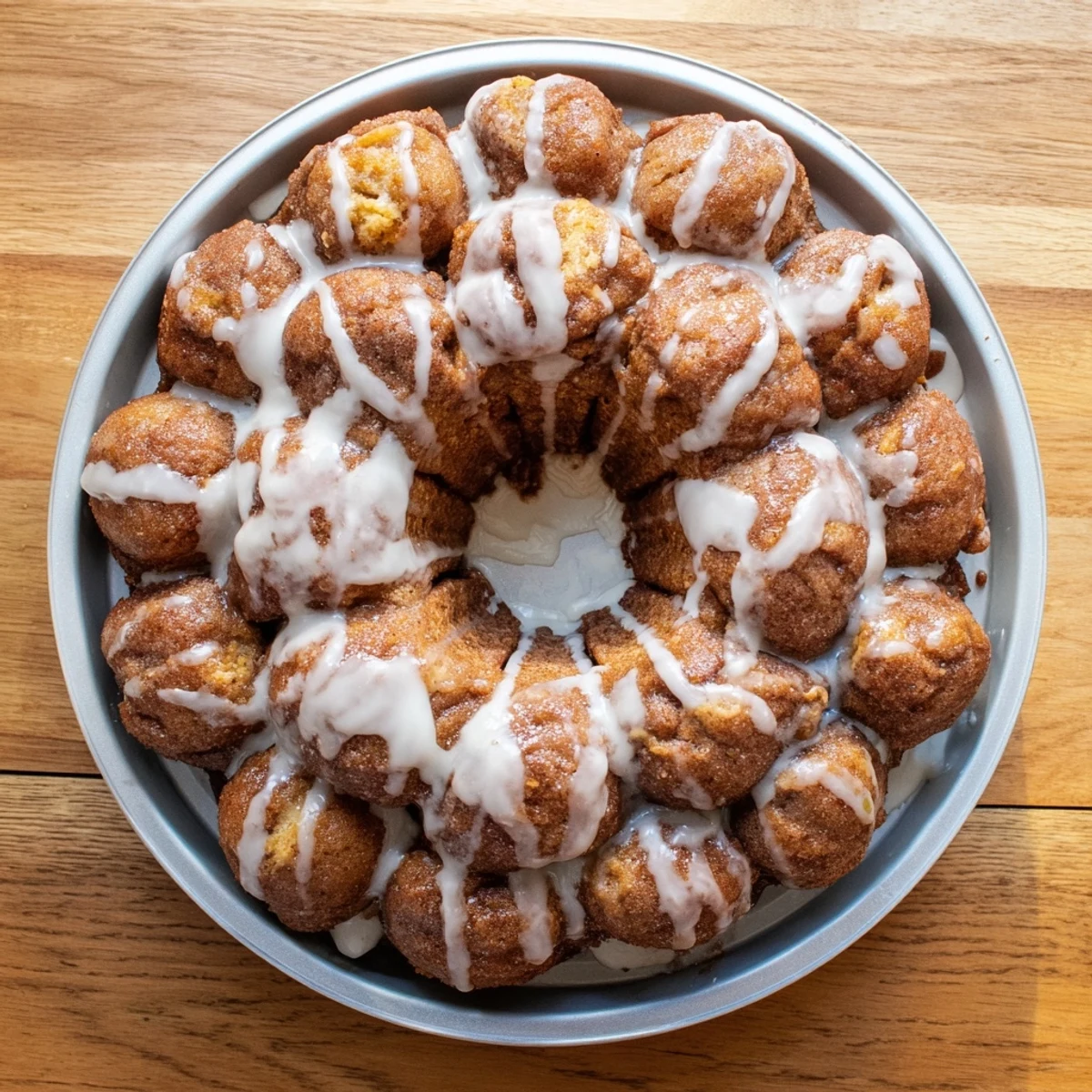Golden high protein no sugar monkey bread with sticky cinnamon coating in a bundt pan