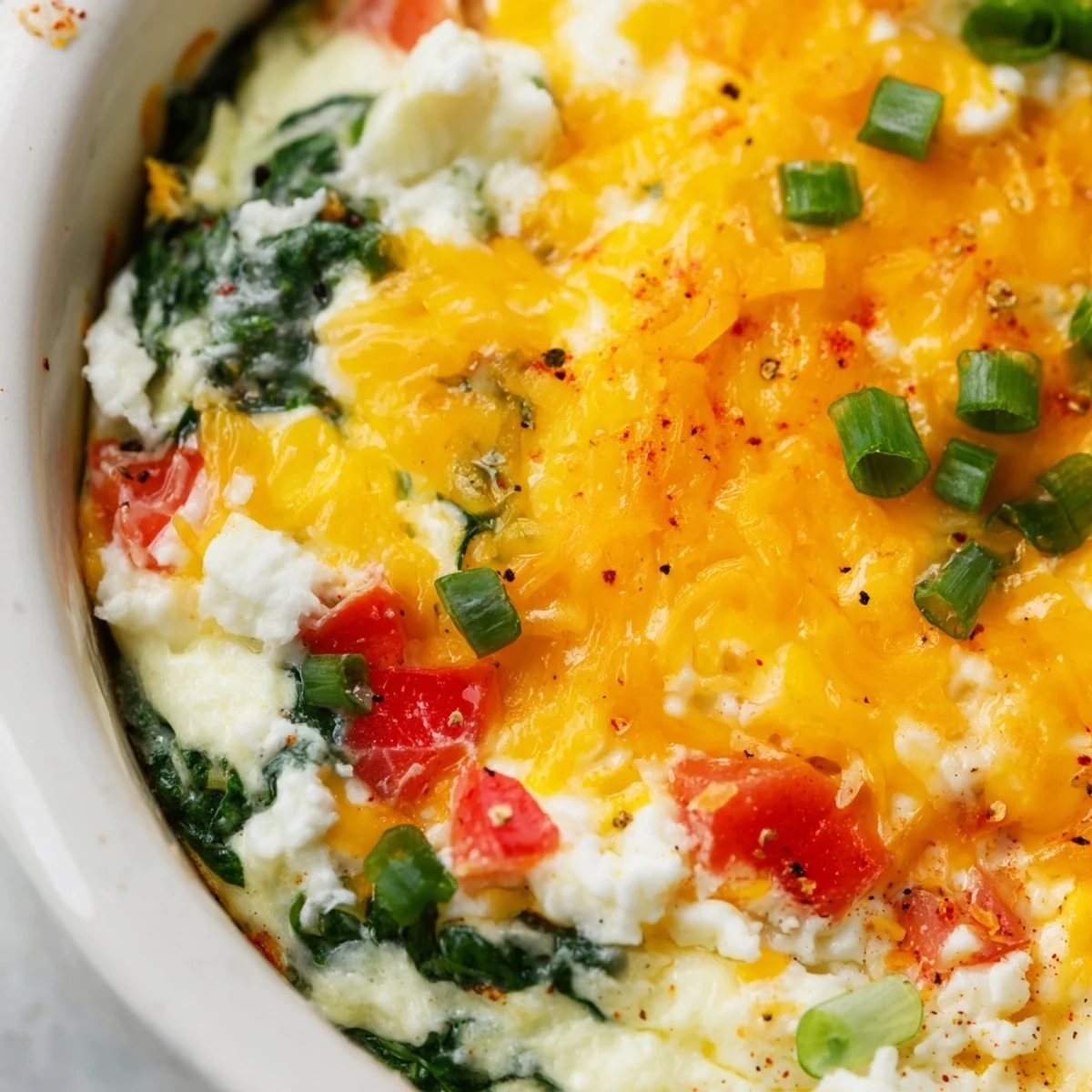 Golden baked cottage cheese eggs with melted cheese topping and fresh spinach garnish