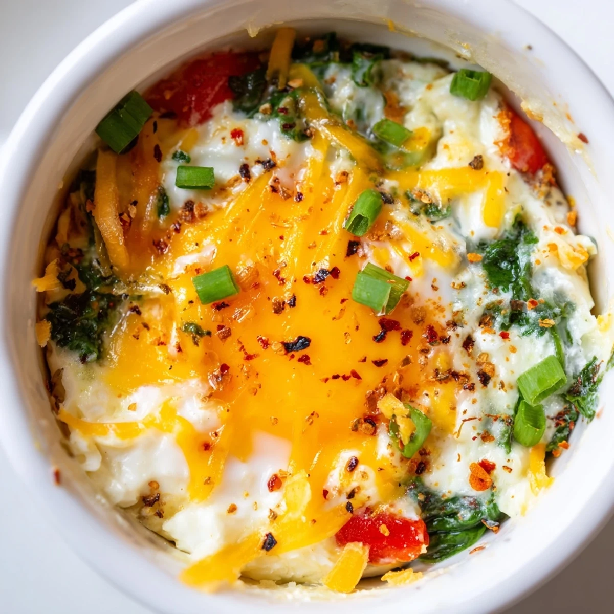 Wholesome baked cottage cheese eggs served in individual ramekins with runny yolks and scallions