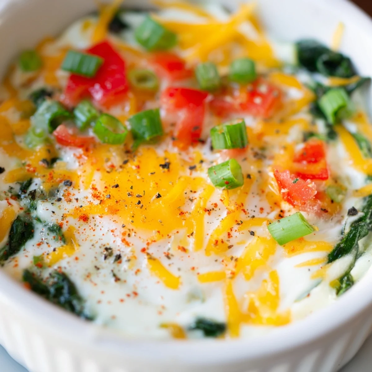 Creamy cottage cheese breakfast casserole featuring perfectly baked eggs and diced tomato topping