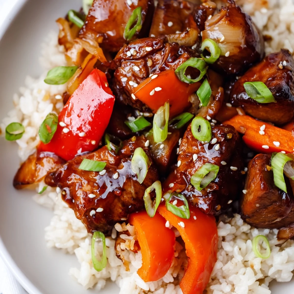 Golden Korean BBQ Chicken and Rice served in a cast iron skillet with sesame garnish