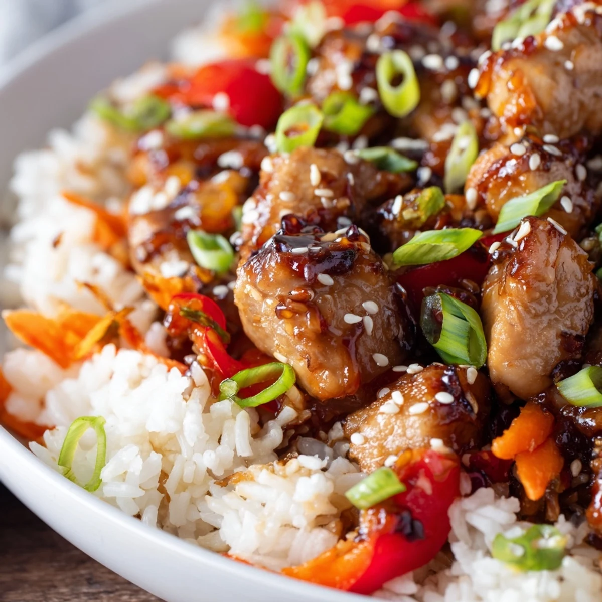 Tender glazed chicken and vegetables over fluffy Korean BBQ Chicken and Rice dinner