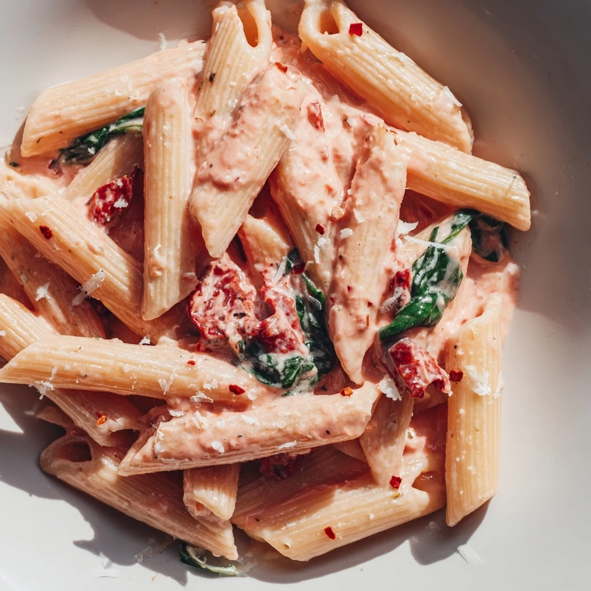 Creamy sun dried tomato spinach pasta in a rustic skillet with velvety sauce coating every tender noodle