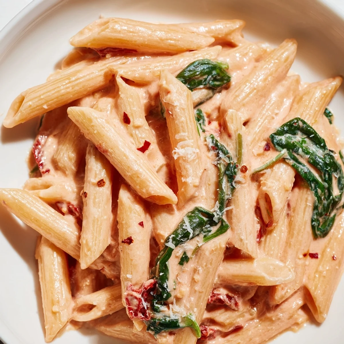 One Pan Creamy Sun Dried Tomato Spinach Pasta