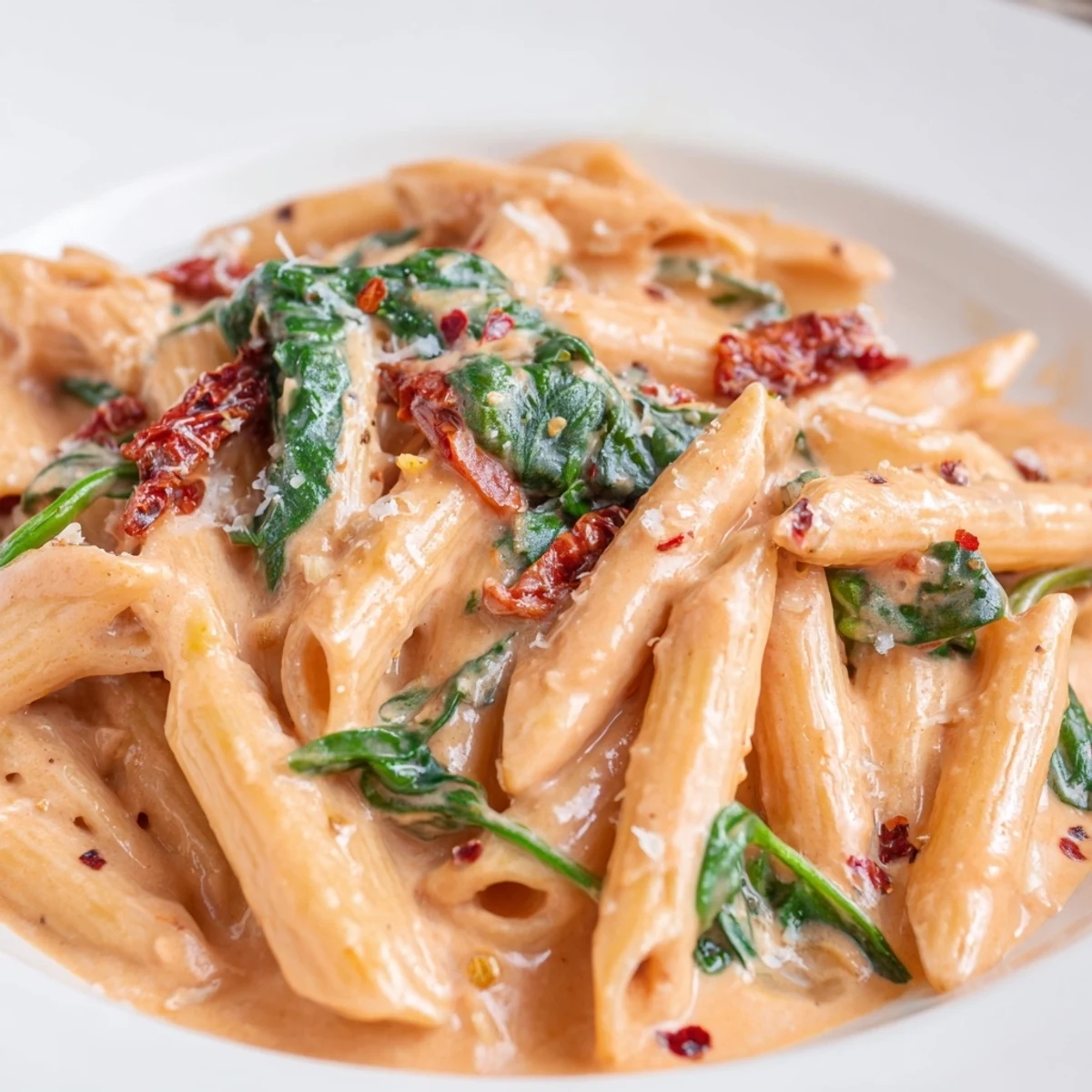 One pan creamy sun dried tomato spinach pasta topped with grated Parmesan and served steaming hot