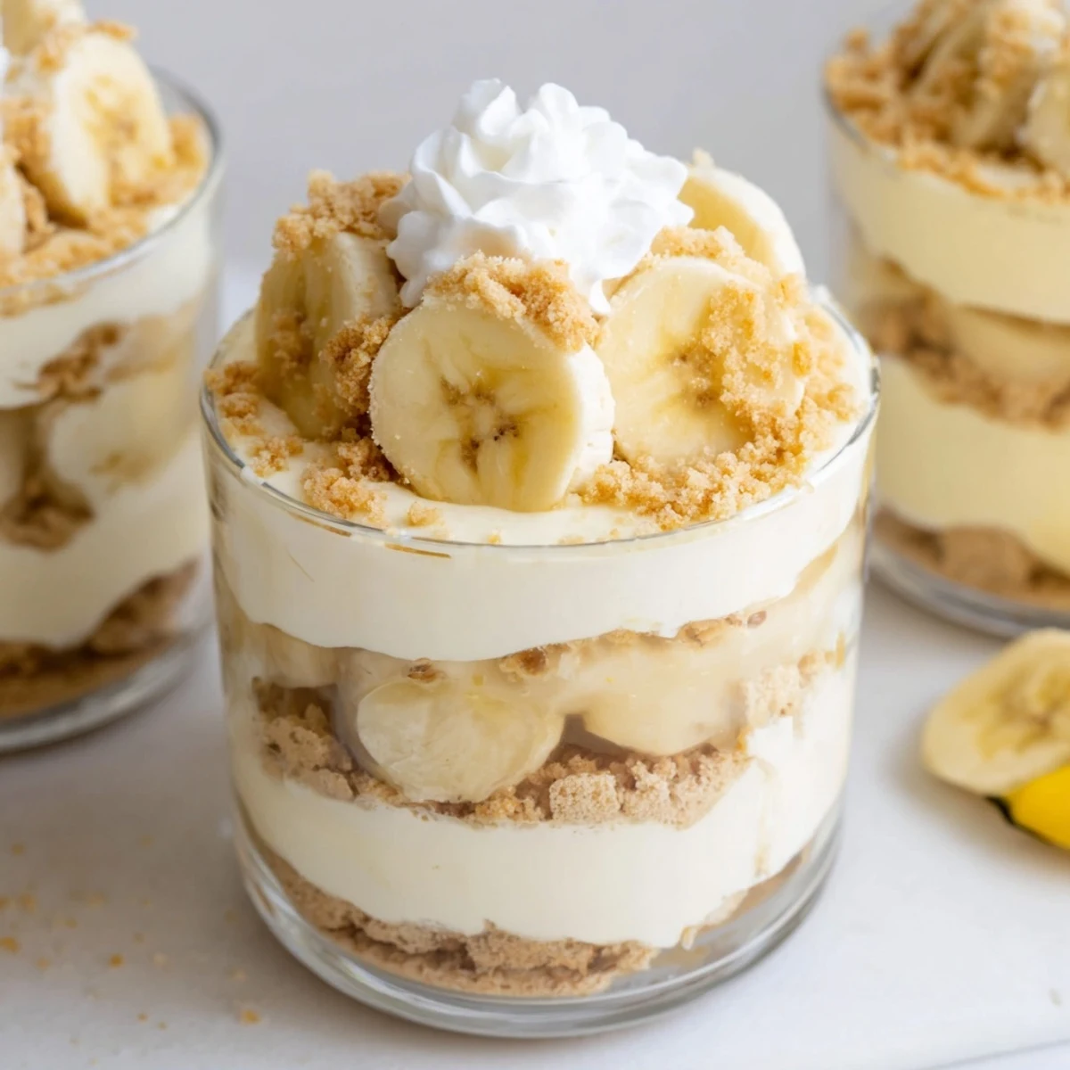 Creamy no bake banana pudding cheesecake cups topped with fresh banana slices and vanilla wafer crumbs
