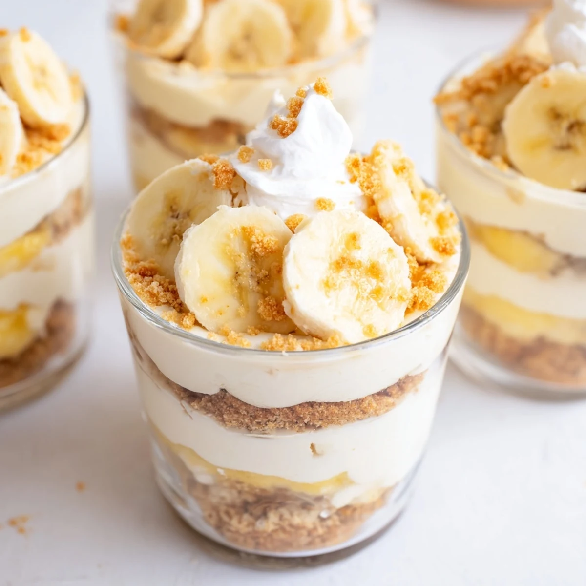 Individual no bake banana pudding cheesecake cups with layers of fluffy filling and golden cookie crust