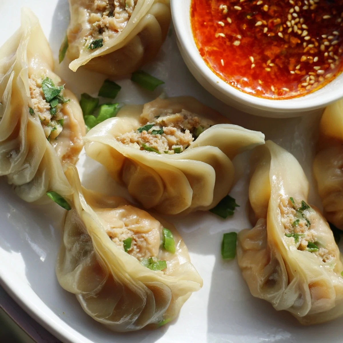 Golden Nepali momo dumplings served with spicy tomato sesame dipping sauce