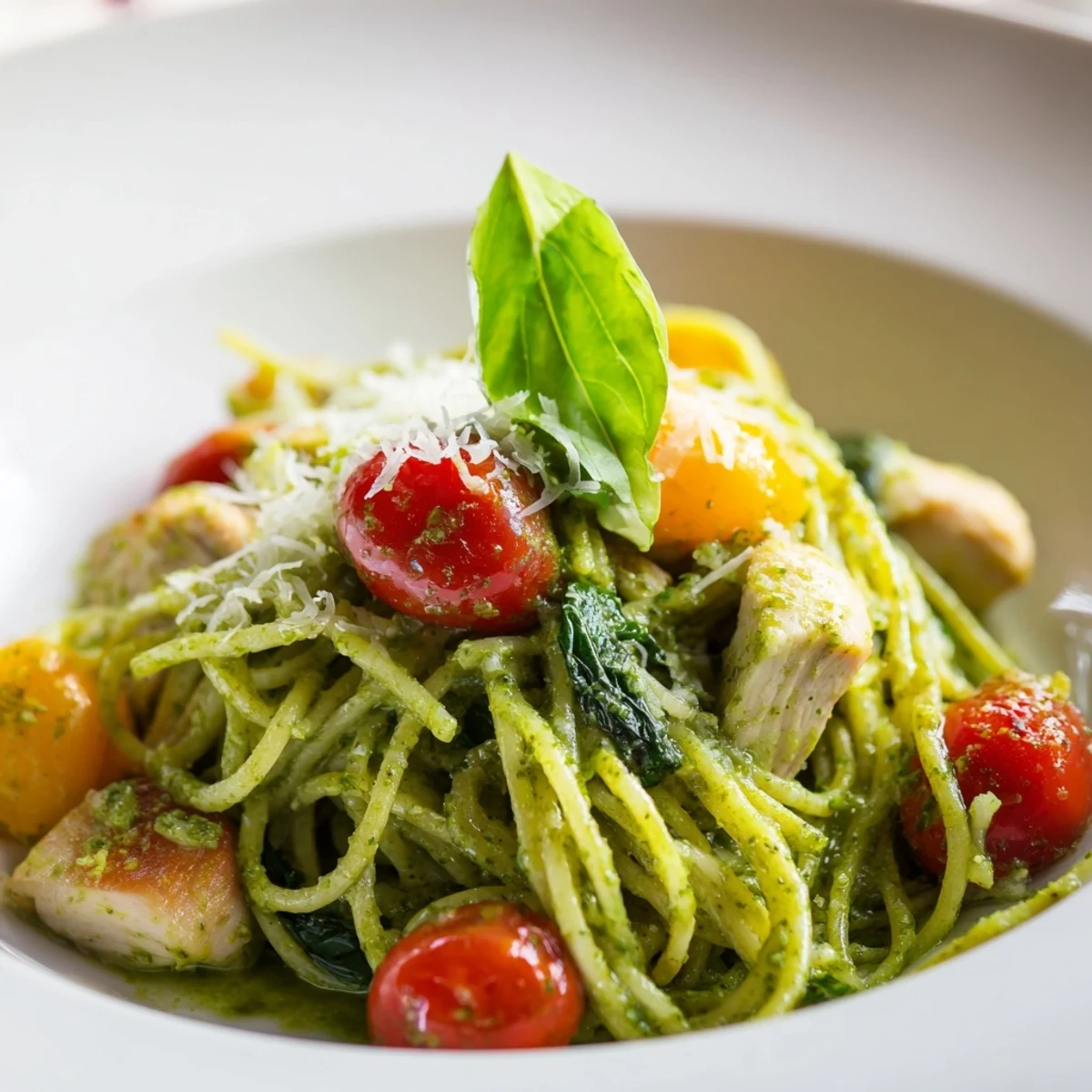 Light pesto pasta with chicken tossed in vibrant green basil sauce on white plate