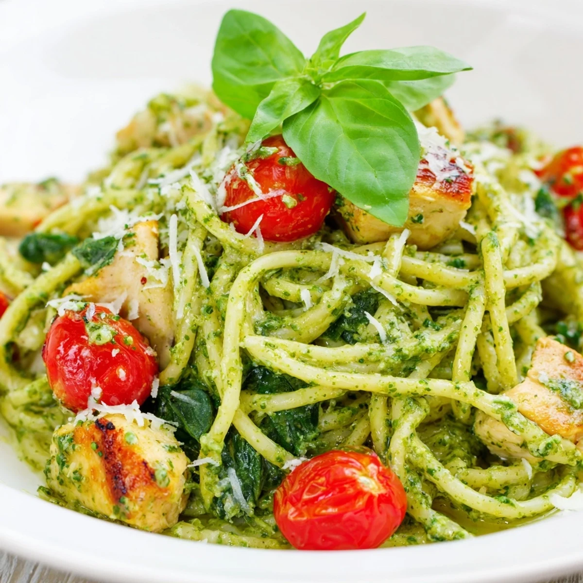 Creamy light pesto pasta with chicken featuring golden seared pieces and fresh herb coating