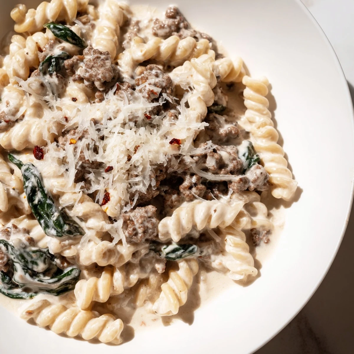 Creamy high protein beef pasta twirled in a skillet with melted Parmesan
