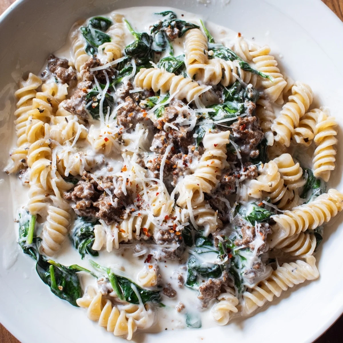 Tender ground beef and spinach blanketed in a velvety cream cheese sauce