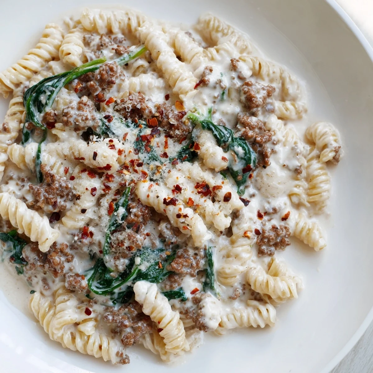 Steaming bowl of creamy high protein beef pasta garnished with chili flakes