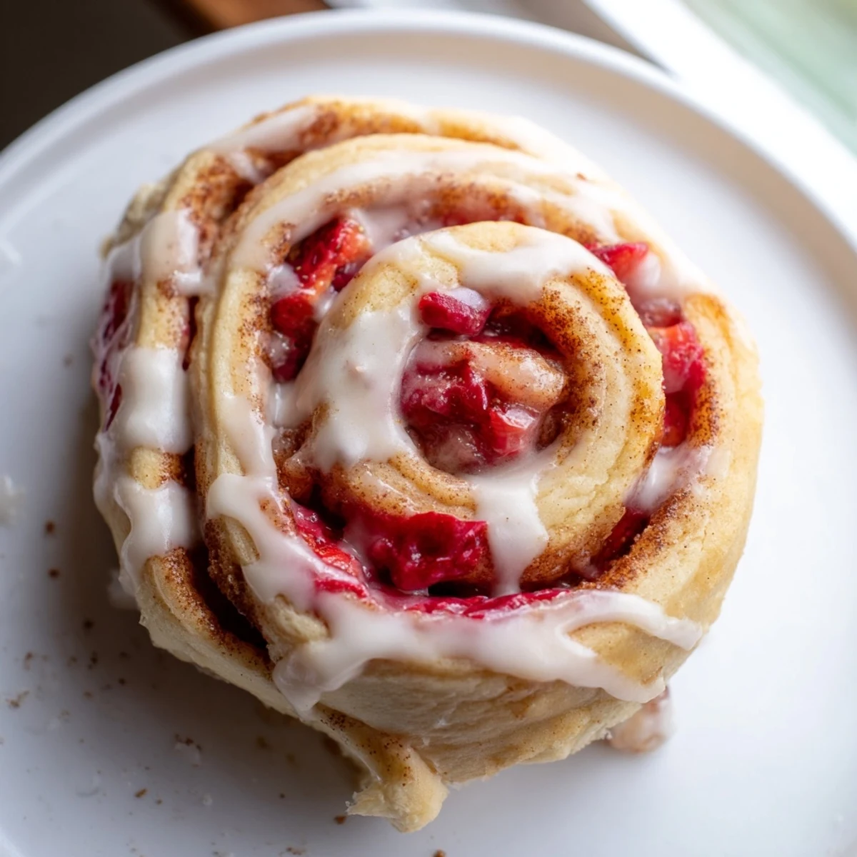 Swirling layers of Strawberry Cheesecake Cinnabon Rolls fresh from the oven with strawberry topping
