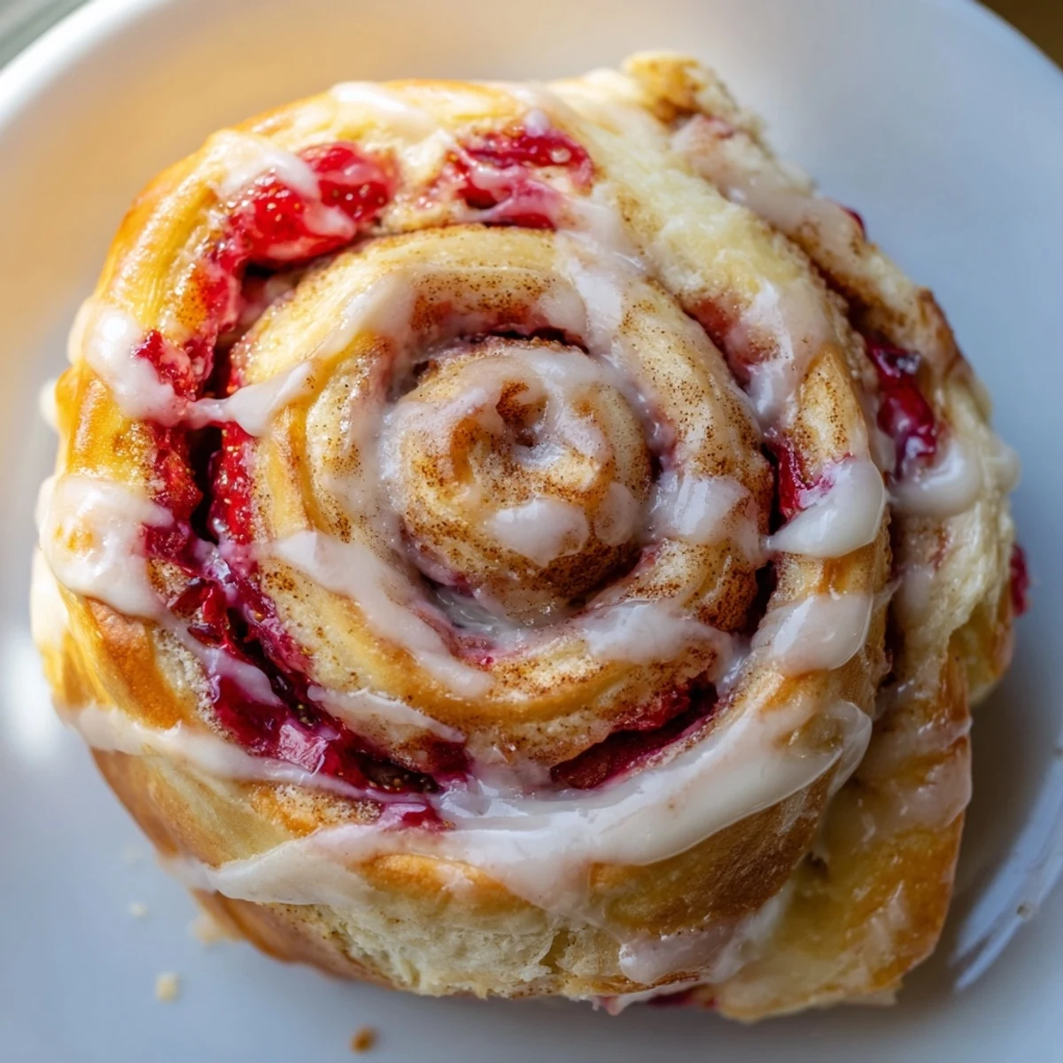 Golden Strawberry Cheesecake Cinnabon Rolls drizzled with creamy vanilla glaze on a rustic plate