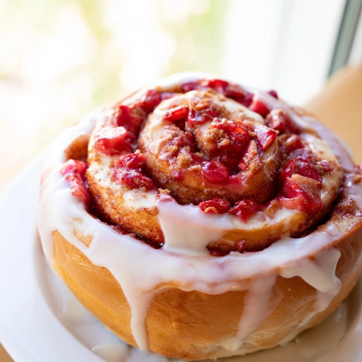 Pillowy Strawberry Cheesecake Cinnabon Rolls pulled apart revealing gooey cheesecake filling and juicy strawberries