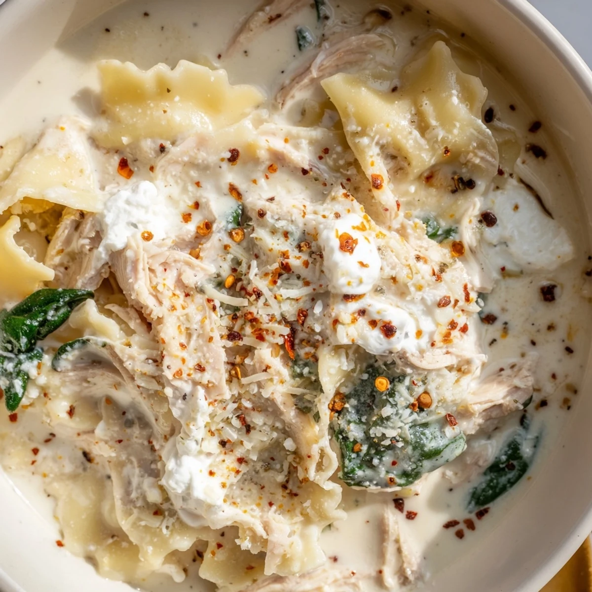 Creamy white lasagna soup in a white bowl with melted cheese and tender noodles