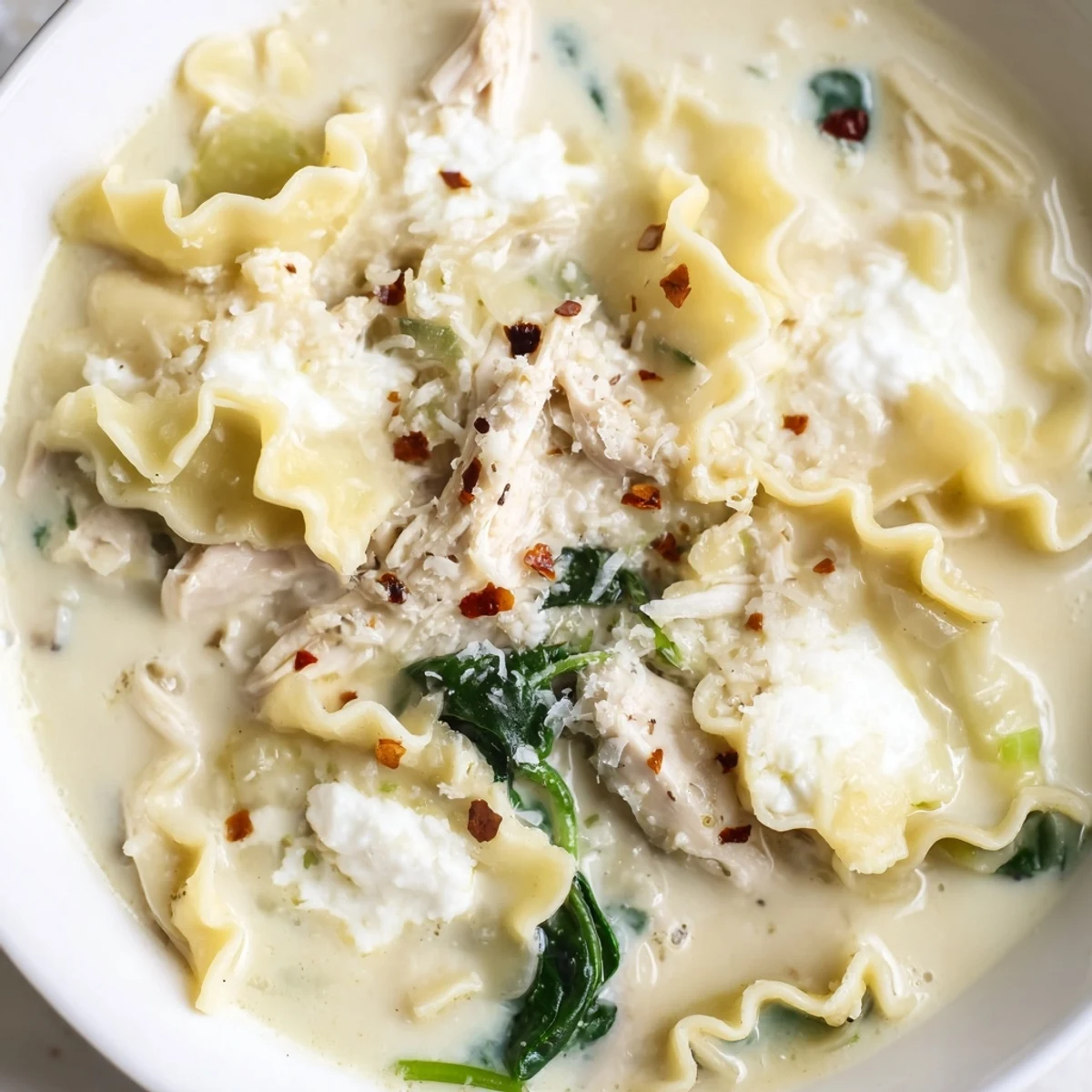 Steaming bowl of white lasagna soup topped with grated Parmesan and cracked pepper
