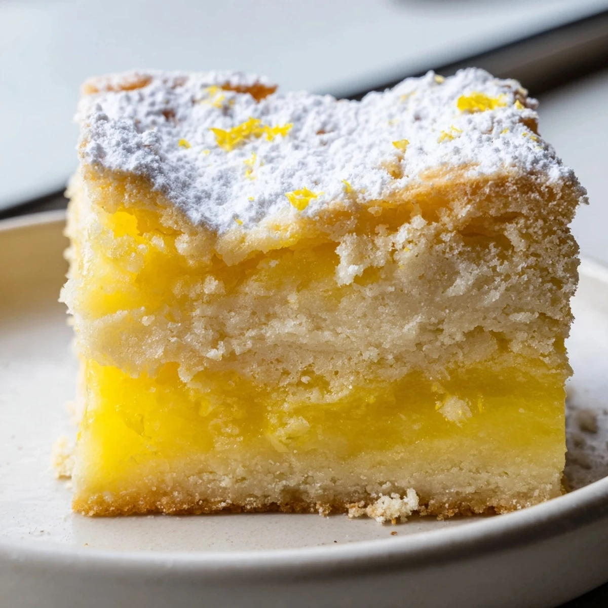 Golden lemon bars with powdered sugar dusting on a rustic wooden cutting board