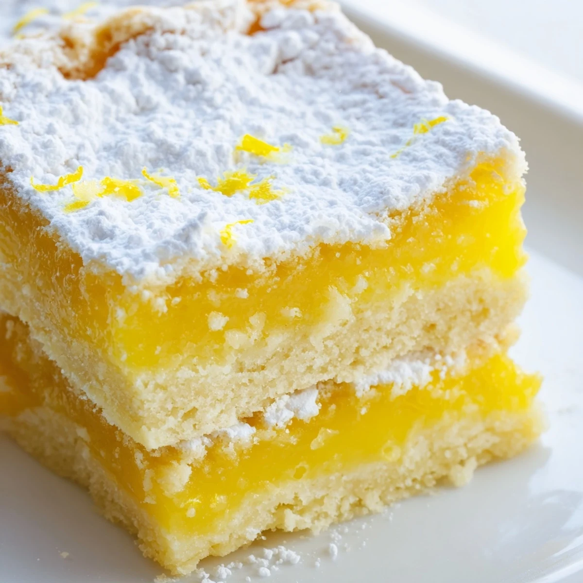 Freshly baked lemon bars sliced into neat squares and generously coated with powdered sugar