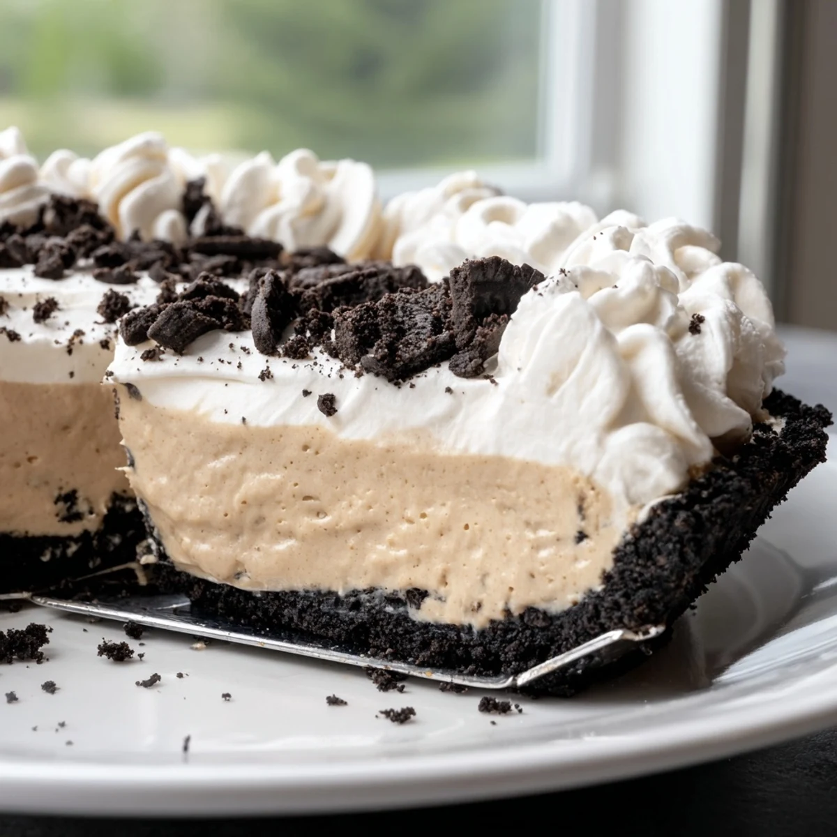 Creamy peanut butter Oreo pie sliced thick with fluffy whipped cream and cookie crumbles on top