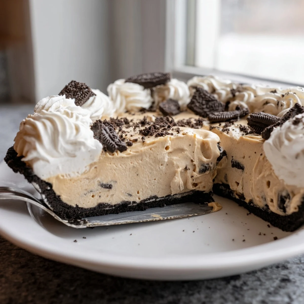Silky peanut butter filling inside a dark chocolate Oreo crust, crowned with pillowy whipped cream