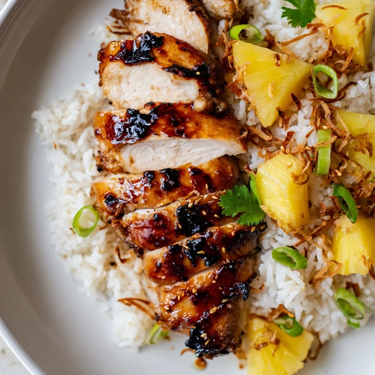 Caramelized Hawaiian chicken rests atop fluffy coconut rice with golden pineapple chunks.