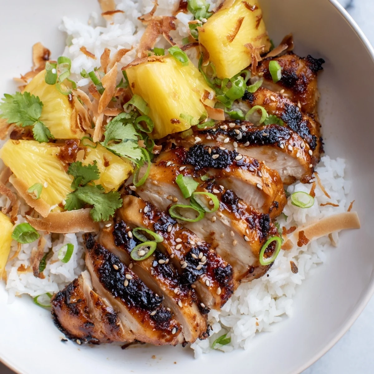 Grilled Hawaiian chicken with coconut rice topped with sesame seeds and scallions.
