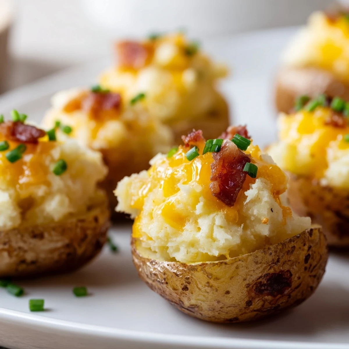 Irish Potato Bites topped with fresh chives on a rustic white serving platter